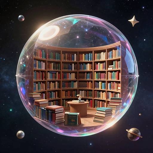 Digital illustration of a glass bubble containing a wooden bookshelf, desk, and books, floating in a starry, cosmic space.