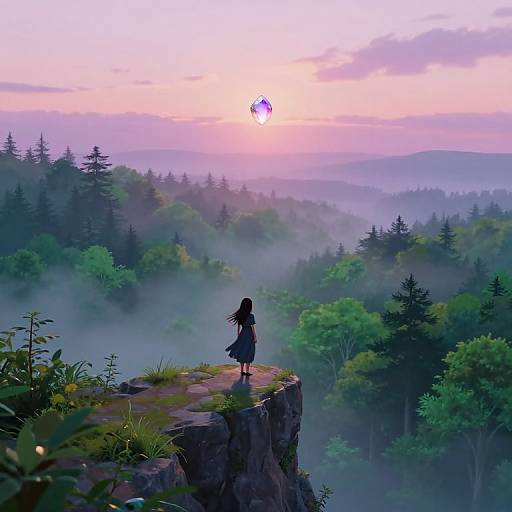 Digital anime-style artwork of a girl in a black dress standing on a cliff, gazing at a glowing sun in a misty, forested valley