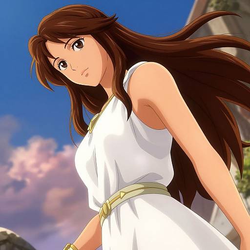 Digital anime-style illustration of a brown-haired woman with long hair, wearing a white dress with a gold belt, against a bright blue sky with pink clouds
