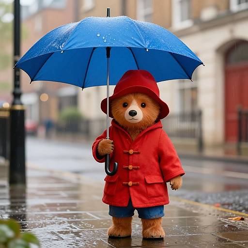 Photograph of a cute, brown teddy bear wearing a red coat and hat, holding a blue umbrella on a rainy city street.