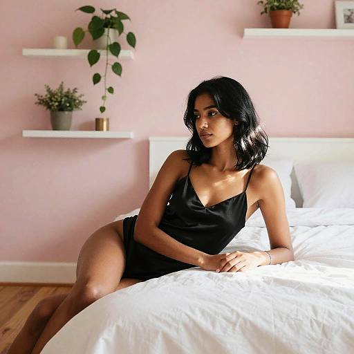 Photograph of an attractive, dark-haired woman in a black satin camisole and shorts, sitting on a white bed in a pink-walled room