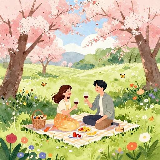 Digital illustration of a couple enjoying a picnic under cherry blossoms, holding wine glasses, surrounded by colorful flowers and greenery.