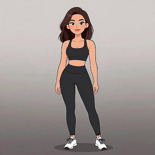 Digital cartoon of a smiling woman with long dark brown hair, wearing a black sports bra, high-waisted black leggings, and white sneakers, standing