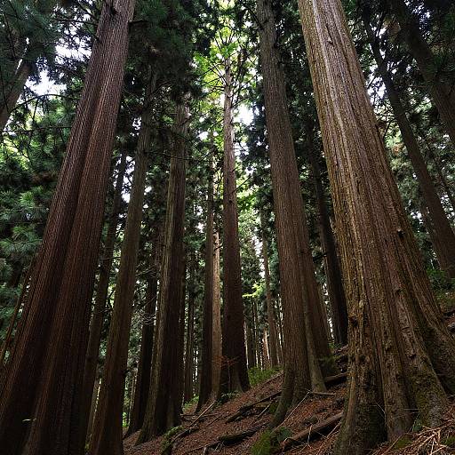 Photograph of a dense redwood forest with towering, textured tree trunks, sunlight filtering through green foliage, and a forest floor covered in brown leaves