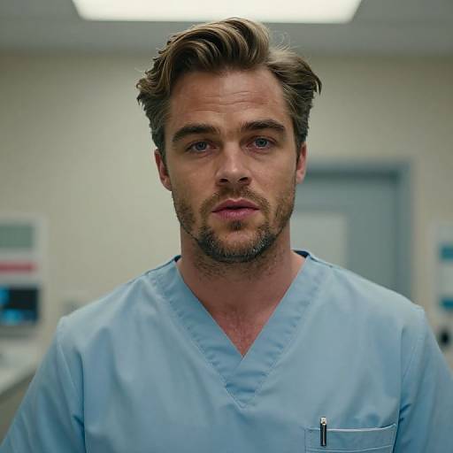 Photograph of a serious, bearded, Caucasian male doctor with short brown hair, wearing light blue medical scrubs, standing in a clinical room.