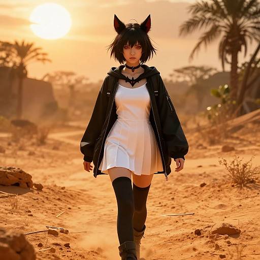 Digital anime-style drawing of a black-haired girl with cat ears, wearing a white dress, black jacket, and thigh-high boots, walking through a sun