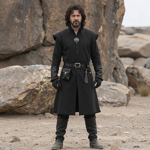 Medieval Man in Black Costume with Pendant