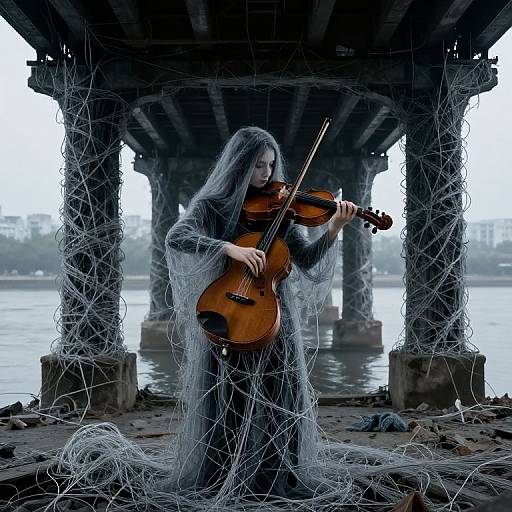 Photograph of a pale woman with long, gray hair playing a violin under a decrepit bridge, wrapped in fishing nets, with a river and over