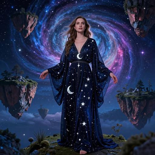 Photorealistic digital art: Fair-skinned woman with long brown hair wears a starry navy blue gown, standing amidst floating islands under a swirling galaxy