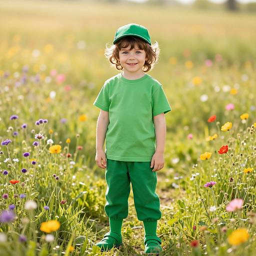 Photograph of a smiling curly-haired toddler in green outfit and cap, standing in a sunlit meadow filled with colorful wildflowers.