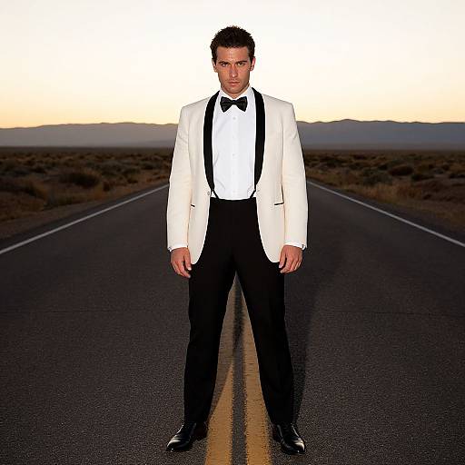 Photograph of a serious man in a white tuxedo, black bow tie, and black pants standing on an empty desert road at sunset.