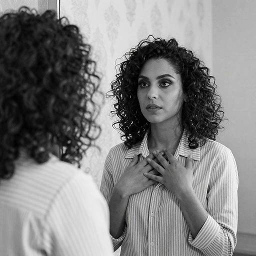 Woman with curly hair looking in mirror