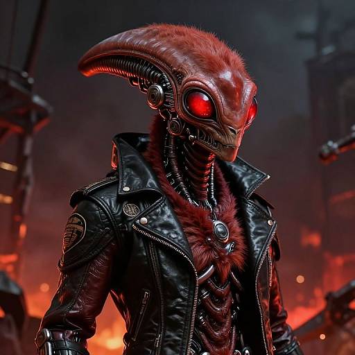 CGI cyber-demon with red glowing eyes, red fur, and black leather jacket in a fiery, industrial background, exuding dark, futuristic menace