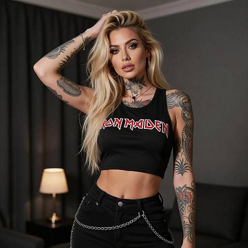Tattooed Blonde in Iron Maiden Attire