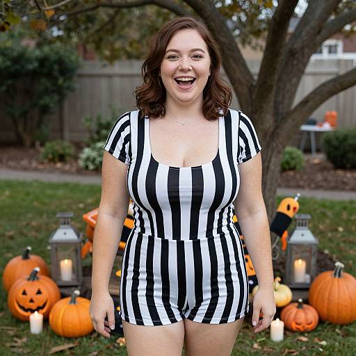 Photograph of a smiling, fair-skinned woman with curly brown hair, wearing a black-and-white striped dress, standing in a pumpkin-decorated