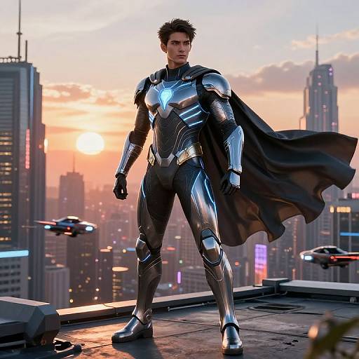 Photorealistic CGI of a muscular man in shiny silver and black superhero armor with a flowing cape, standing confidently on a rooftop at sunset, with futuristic