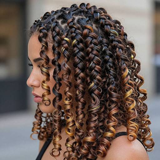 Photograph of a woman with long, dark brown and honey blonde ombre curly hair, side profile, wearing a black top, in an urban