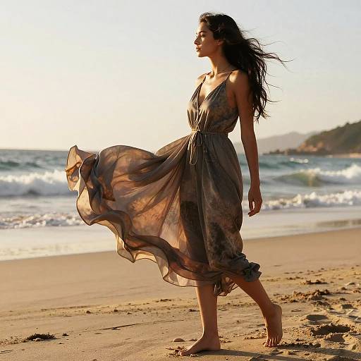 Photograph of a slender woman with long, dark hair wearing a flowing, sheer, brown dress walking barefoot on a sunlit beach with gentle waves