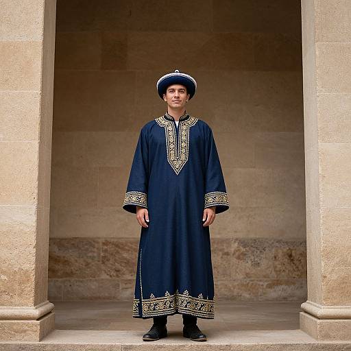 Photograph of a young man in traditional dark blue, long-sleeved, ornately embroidered robe and black hat, standing in a beige stone arch