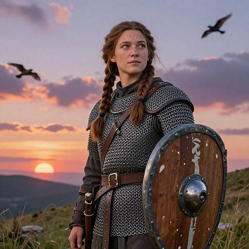 Photograph of a young, freckled woman with braided brown hair, wearing medieval chainmail armor and holding a wooden shield, standing in a
