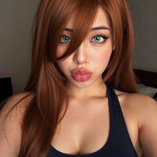 Photograph of an Asian woman with long auburn hair, green eyes, and pink lips, wearing a black tank top, looking directly at the