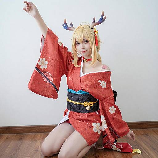 Cosplay Woman in Red Kimono Pose