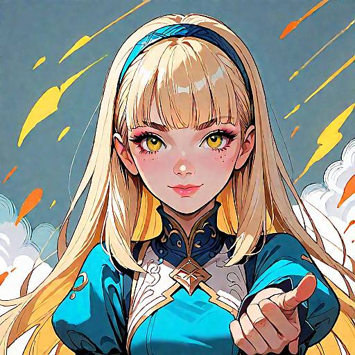 Digital anime-style drawing of a blonde girl with yellow eyes, blue hairband, and blue dress, pointing forward with a confident smile. Background features blue
