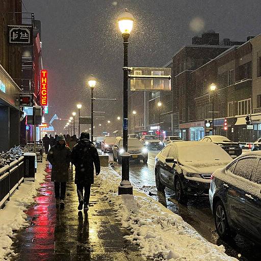 Snowy Night in Vibrant City