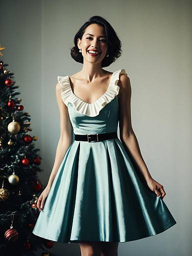 Cinematic Joyful Woman in Christmas Dress