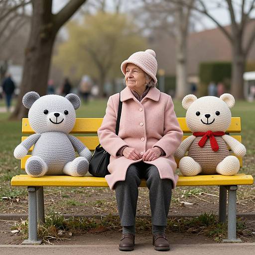 Photograph of an elderly woman in a pink coat and knit hat, sitting on a yellow bench with two large, white knit teddy bears, one