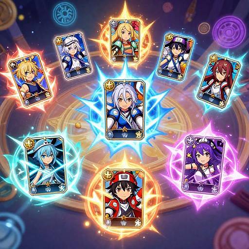 Digital anime-style illustration of seven magic cards with vibrant, glowing effects surrounding a central character, each card featuring unique, colorful characters.