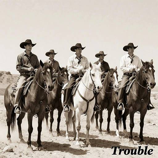Sepia Cowboys Riding Horses in Desert