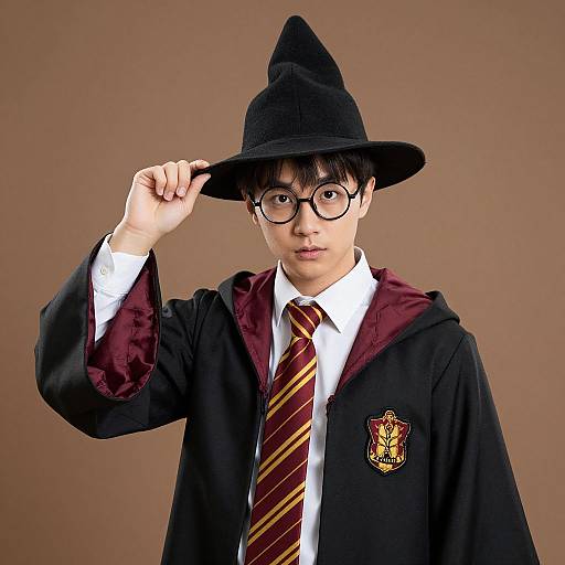 Photograph of an Asian boy in a Hogwarts robe, maroon-lined, with striped tie, black hat, glasses, and Gryffindor badge