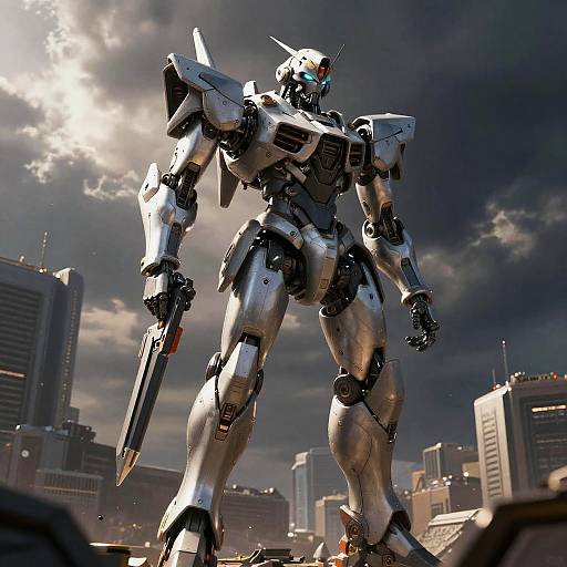 Photorealistic CGI of a towering silver mecha robot with glowing red eyes, holding a large gun, standing in a devastated cityscape under a dramatic