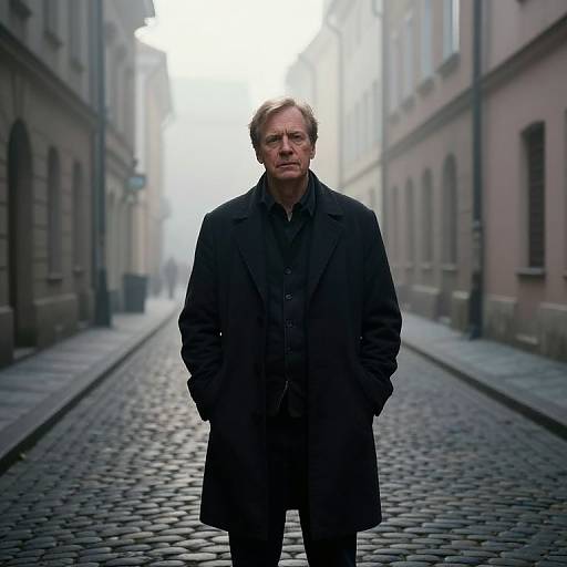Photograph of a middle-aged man with gray hair, wearing a black coat and dark shirt, standing in a foggy, cobblestone alleyway