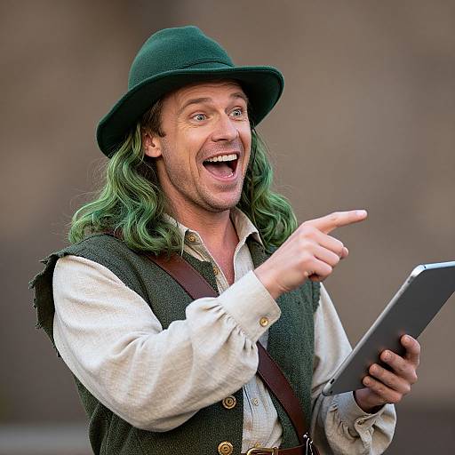 Photograph of a bearded man with green hair and a green hat, wearing a white shirt and dark vest, enthusiastically pointing while holding a tablet,