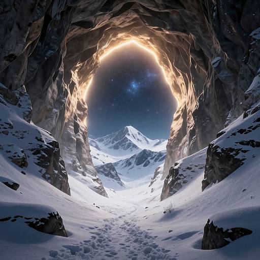 Photorealistic digital artwork of a snow-covered mountain cave with a glowing, circular fire halo above, revealing a starry night sky and distant snowy peaks