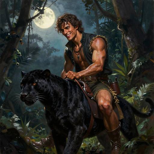 Dramatic Rogue on Panther in Moonlit Jungle