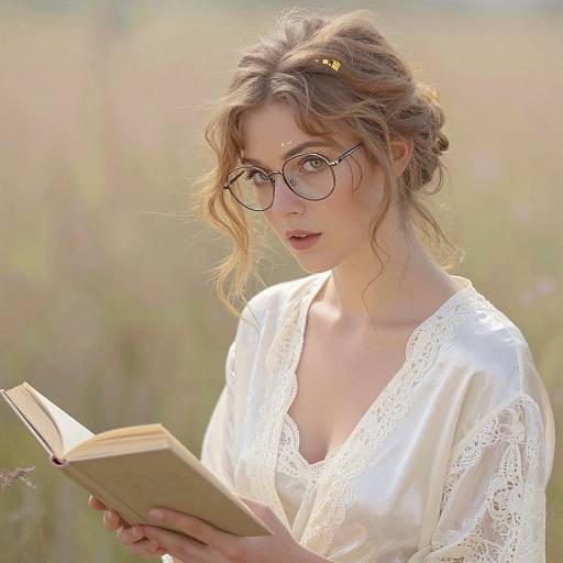 Photograph of a fair-skinned woman with wavy brown hair in a loose updo, wearing round glasses and a white lace-trimmed blouse