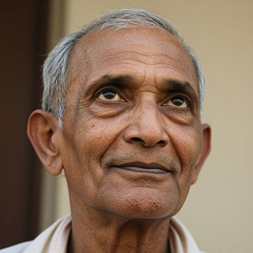 Close-up photograph of an elderly man with short gray hair, weathered skin, and a gentle smile, wearing a white shirt, looking upwards. Background