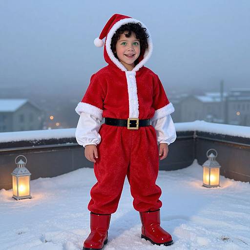 Photograph of a smiling young boy in a red Santa suit with white trim, black belt, and red boots, standing on a snow-covered rooftop at