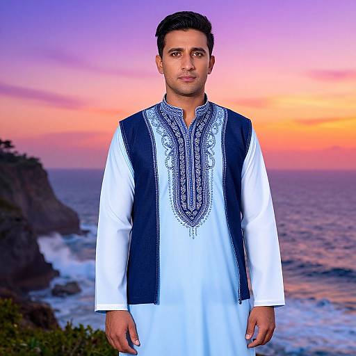 Photograph of a young South Asian man with short black hair, wearing a white traditional kurta with blue embroidery and a navy vest, standing against a