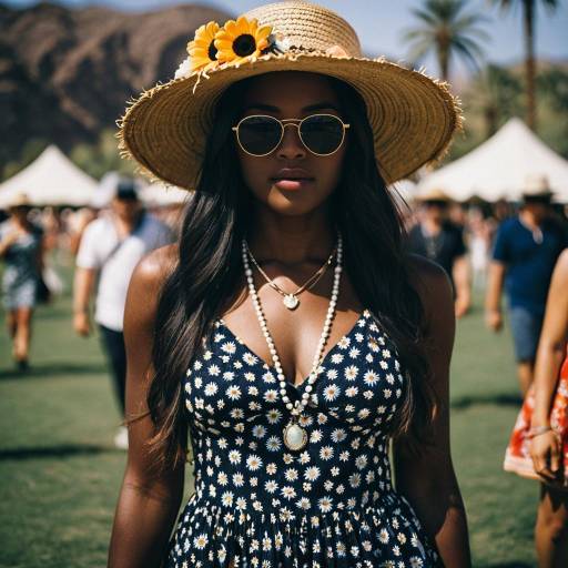 Dark-Skinned Woman in Floral Dress and Straw Hat at Festival