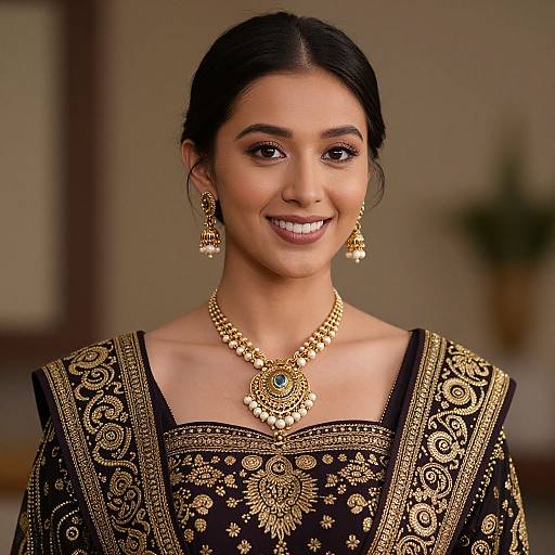 Photograph of a smiling South Asian woman with dark hair in an elegant black and gold traditional dress, wearing intricate gold jewelry.