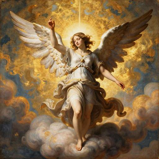 Photorealistic digital painting of a celestial angel with golden halo, white wings, flowing white gown, raised right arm, standing on clouds, against a