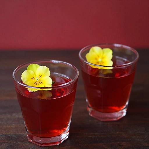 Red Beverage with Yellow Flower Garnish
