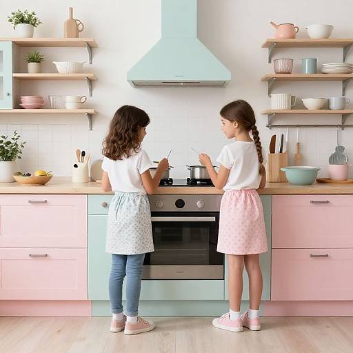 Charcoal Cooking Scene in Pastel Kitchen