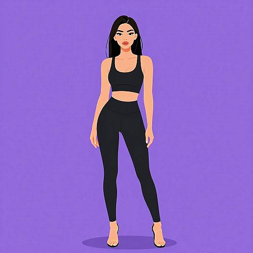 Digital illustration of a tall, slender woman with long black hair, wearing a black sports bra and black leggings, standing barefoot on a purple background.