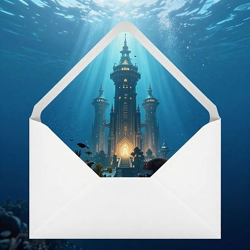 Photograph of an illuminated underwater castle seen through a white, open envelope with rays of light piercing the water.
