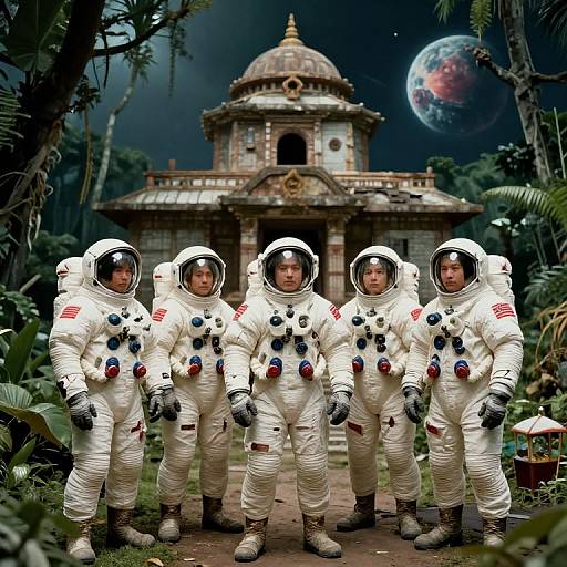 Photorealistic CGI: Five astronauts in white space suits with American flags stand in front of an ancient temple, surrounded by jungle, with a planet in